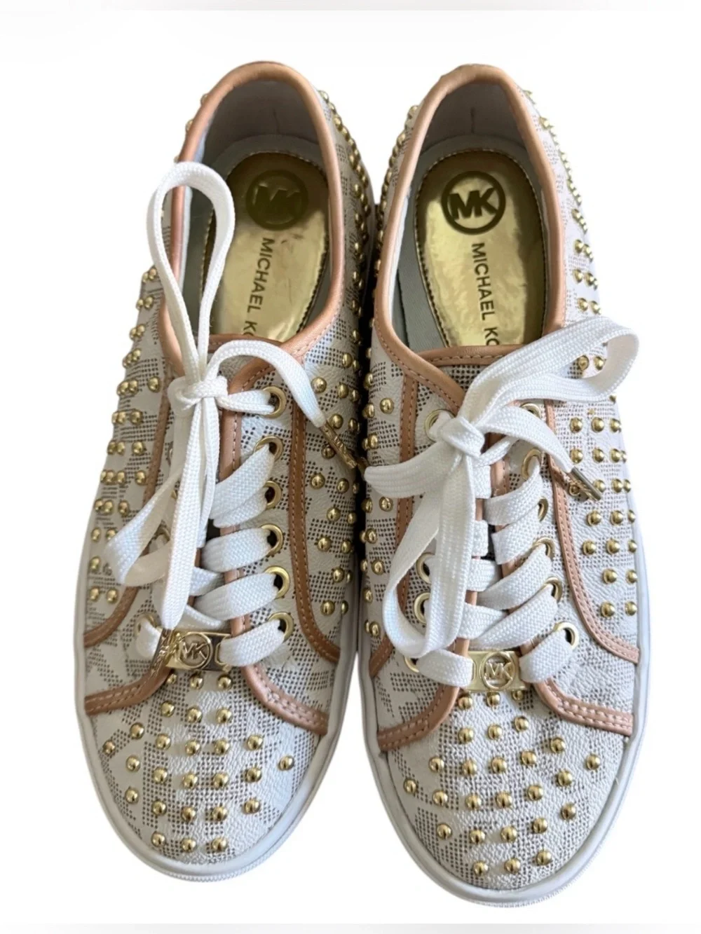 Michael Kors Medici women’s 8M studded lace up leather white & tan logo sneaker